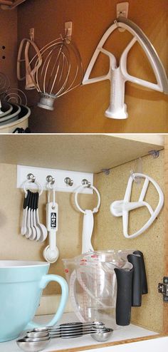 two pictures of kitchen utensils hanging on the wall and in front of an electric mixer