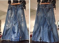 two pictures of a woman's jean skirt with holes in it