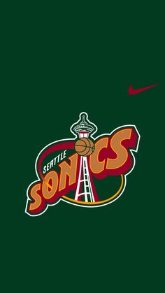 the seattle sonics logo is shown on a dark green background with red and yellow lettering