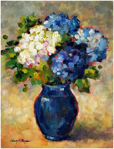 a painting of blue and white flowers in a vase