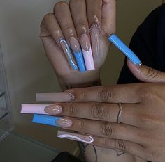 White Nails With Pink And Blue Designs, Cute Long Square Nails, Prom Nail Ideas, Nail Inspo Ideas, Nail Model, Nail Designs Winter