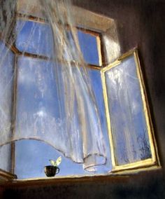 an open window with curtains and a vase in front of it on a sunny day