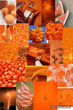 an orange and white collage with lots of different things to see in the image