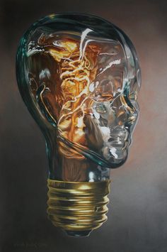 a painting of a light bulb with an image of a human head inside it