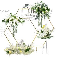 two flowers and greenery are arranged in hexagonal shapes