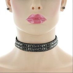 Choker Set Length: 13" Extension: 3" Width: 0.75" Earrings: 0.25" Adjustable Rhinestone Jewelry, Black Rhinestone Choker Jewelry, Glamorous Black Metal Jewelry, Glamorous Adjustable Metal Choker, Adjustable Glamorous Metal Choker, Trendy Black Crystal Jewelry, Adjustable Glamorous Evening Jewelry, Party Black Crystal Choker, Glamorous Adjustable Choker For Evening