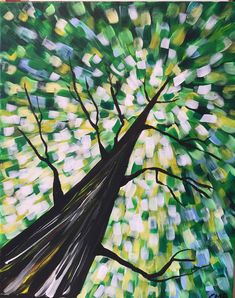 an acrylic painting of a tree with green leaves