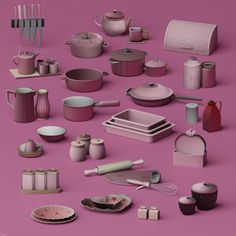 an assortment of kitchen utensils on a pink background, including pots and pans