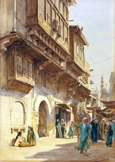 an old painting of people in the street