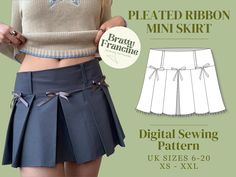 ☆ PDF Digital Sewing Pattern for Pleated Ribbon Mini Skirt ☆ This digital sewing pattern allows you to construct low-waisted pleated mini skirt with bow detailing. The skirt features a thick waistband, raw hem and belt loops and is fastened with a side zip. This pattern is suitable for beginner-intermediate sewers and will take approximately 5 hours to complete. Fairycore, balletcore, streetwear, Y2K vibes.  Purchase includes: Instruction document A4 Sized Print 2A0 Sized Print Letter Sized Prin Sewing Pattern Pleated Skirt, Skirt Pdf Pattern, Sew Pleated Skirt, Balletcore Streetwear, Skirt Patron, Y2k Sewing Pattern, Pleated Skirt Sewing, Skort Sewing Pattern, Stylish Sewing Patterns