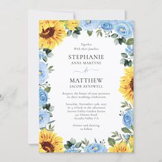 sunflowers and blue roses are on the front of this wedding stationery card