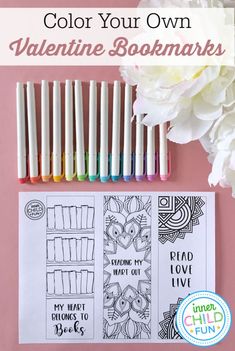 valentine's day coloring bookmarks with flowers and markers