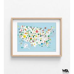 an illustrated map of the united states in blue and white, framed on a wall