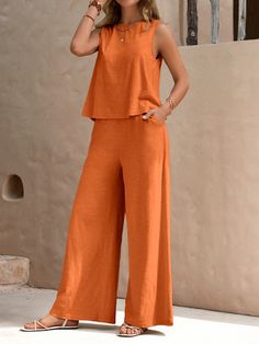 Rust Brown Casual Collar   Plain  Embellished Slight Stretch  Women Clothing Casual Orange Sleeveless Sets, College Outfits Fall, Pantalon Thai, Christmas Outfit Aesthetic, Outfits Nyc, Office Casual Outfit, Solid Tank Tops, Athleisure Fashion, Cotton Bottoms