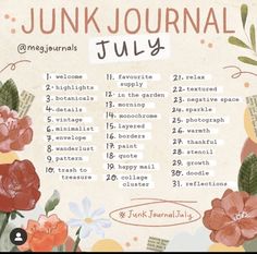 a poster with flowers on it that says junk journal july