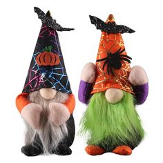 two halloween gnomes with green and orange hair, one wearing a witch's hat