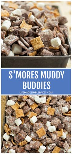 s'mores muddy buddies recipe with marshmallows in the middle and on top