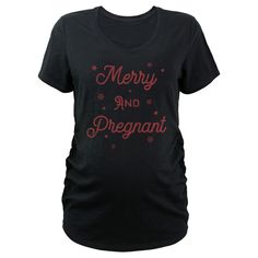 Celebrate the holidays and the beauty of motherhood with this new Lost Gods Merry and Pregnant Women's Maternity T-Shirt! Take your Christmas style to the next level with this tee featuring the phrase: "Merry and Pregnant" in distressed red lettering with stars and snowflakes floating across the front. Decorate the Christmas tree, wrap all the presents up with bows, and enjoy a cup of eggnog this holiday season with the most awesome Christmas design in all of Santa's workshop! Maternity Black Cotton T-shirt, Black Maternity T-shirt Crew Neck, Christmas Tree Wrap, Beauty Of Motherhood, Maternity Graphic Tees, Tiny Tank, Trending Graphic Tees, Santa's Workshop, Maternity Tees