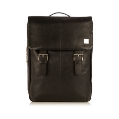 a black leather backpack on a white background