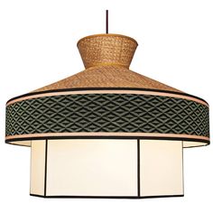 a light hanging from the ceiling with a basket on it's top and bottom