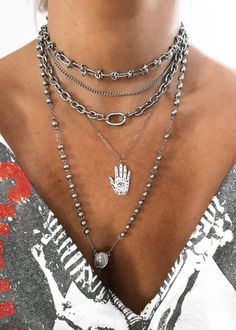 Pebby Forevee | Silver Necklace Stack Inspo: silver jewelry, chain necklace, layered necklaces, necklace layering, graphic tee style, longline necklace, spiritual necklace, choker necklace, silver choker, jewelry inspo Silver Necklace Stack, Spiritual Necklace, Graphic Tee Style, Silver Choker