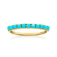 Ross-Simons - Turquoise Ring in 14kt Yellow Gold. Size 8. RS Pure. Modern designs that complete your outfit and complement your personality. Solo or stacked, this dainty ring packs a colorful punch! 2mm round stabilized turquoise cabochons make a bright statement along a simple 14kt yellow gold band. 1/16" wide. Turquoise ring. Flat Back Earrings, Fine Jewelery, Mixed Metal Jewelry, Turquoise Rings, Dainty Ring, Turquoise Gemstone, Gold Band, Blue Stone, Birthstone Jewelry