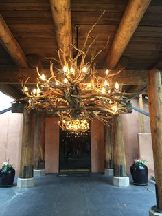 a large chandelier made out of branches and lights hanging from it's ceiling