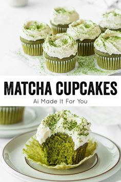 matcha cupcakes with white frosting and green sprinkles on top