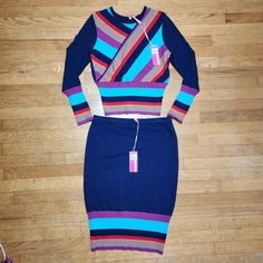 Tracy Reese Bodycon Striped Midi Skirt And Long Sleeve Top Multicolored Size L Chic Fitted Color Block Skirt, Fitted Multicolor Color Block Skirt, Fitted Multicolor Midi Skirt, Orange Party Dresses, Flared Skirt Dress, Tracy Reese Dress, Rouched Dress, Silk Tunic Dress, Moon Dress