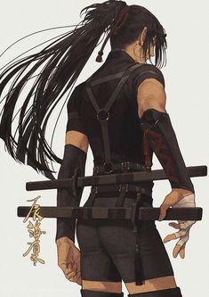 an anime character with long hair and black outfit holding two swords in one hand, looking down at the ground