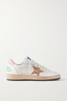 Crafted in Golden Goose's Italian atelier, these 'Ball Star' sneakers emphasize the brand's best-loved signatures. They're made from supple, hand-distressed leather trimmed with contrasting snake-effect stars and have comfortable rubber soles. Note the graffiti-inspired 'SNEAKERS' stamp and light-pink heel tabs. Light Pink Heels, Golden Goose Ball Star, New Trainers, Golden Goose Sneakers, Cute Sneakers, Golden Goose Shoes, Golden Goose Deluxe Brand, Star Sneakers, Leather Trainers