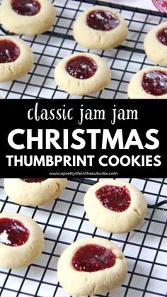 christmas thumbprint cookies on a cooling rack with the words classic jam in the middle