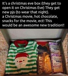 an open box filled with christmas items on top of a carpet