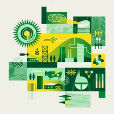 an abstract illustration with green and yellow colors, including trees, buildings, plants, and other things