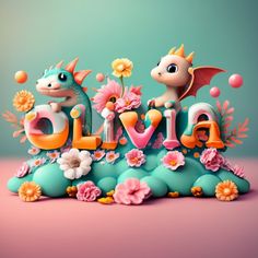 an image of the word livvia written in 3d letters surrounded by flowers and dragon figurines