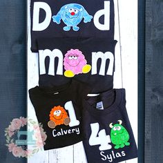 Monster theme party with these adorable family shirts will be perfect for the whole family making great photo opts. BODYSUIT/SHIRTS- The monsters, letters, and numbers are machine embroidery with 100% cotton fabric. Baxter font is used for the child's name. The inside of the garment is finished with Cloud Cover so it is soft against both children's and adults' skin. Bodysuit sizes are 12M and 18M Children shirt sizes are 2, 3,4T, S, M, and L Adult sizes are S, M, L, XL, and 2XL Please contact me Bodysuit Shirts, Birthday Bodysuit, Monster Shirt, Monster Boy, Monster Theme, Bodysuit Shirt, Monster Birthday, Family Shirts Matching, Theme Party