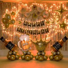 an image of a happy birthday party with balloons and streamers on the wall behind it