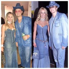 two men and one woman dressed up in denim outfits, the other wearing cowboy hats