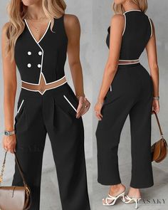 Lasaky - Ensemble: Vest Top with Contrast Binding & Coordinating Straight Leg Pants Black Trousers Set For Spring, Spring Black Trousers Set, Woman Suit Fashion, Floral Print Shorts, Dress Sewing Patterns, African Attire, Suit Fashion, Vest Top, Two Piece Outfit