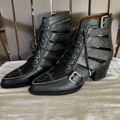 Maybe Worn Once, In Great Like-New Condition. Studded Leather Back Zipper Closure/ Side Cut Outs Almond Toe Heel- 2.5”H Size- 9.5 Western Booties, Studded Leather, Coach Shoes, Cut Outs, Bootie Boots, Almond, Paisley, Ankle Boots, Like New