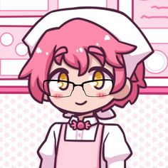 an anime character with pink hair wearing glasses and a bow tie, standing in front of a