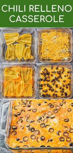 an image of different casserole dishes in plastic containers with text overlay that reads chili relleno casserole