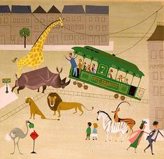 a painting of people and animals in front of a train with a giraffe on it