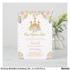 a pink and gold princess birthday party card with flowers on it, sitting next to a vase