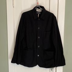 Universal Works Baker’s Jacket In Xxl. Black. Lightly Used. All Measurements Are Flat. Pit To Pit 24.5 Inches Black Relaxed Fit Utility Jacket With Button Closure, Black Relaxed Fit Outerwear With Patch Pockets, Black Outerwear With Patch Pockets And Relaxed Fit, Black Fall Outerwear With Patch Pockets, Black Relaxed Fit Button-up Utility Jacket, Black Cotton Utility Jacket For Work, Black Outerwear With Buttons And Relaxed Fit, Black Relaxed Fit Outerwear With Buttons, Black Outerwear With Buttons Relaxed Fit