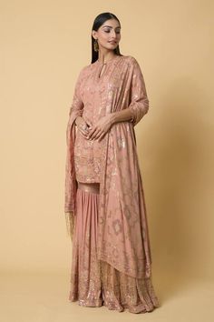 Kadambari pink short kurta with floral pattern sequin embroidery. Comes with coordinating gharara and dupatta. - Aza Fashions Pink Georgette Palazzo Set With Sheer Dupatta, Pink Georgette Sharara With Sheer Dupatta, Pink Chinon Sharara For Reception, Pink Chinon Sharara For Wedding, Pink Georgette Palazzo Set With Mirror Work, Pink Chinon Sharara For Navratri, Pink Chinon Sharara For Eid, Pink Palazzo Set With Straight Kurta In Chinon, Pink Chinon Sharara With Cutdana Detail