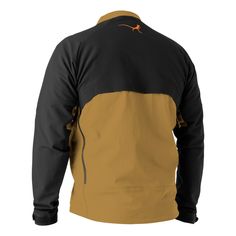 the back of a man's jacket with an orange and black color scheme