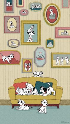 a living room filled with lots of dogs on the wall