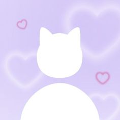 a white cat sitting on top of a purple background with hearts in the shape of heart shapes