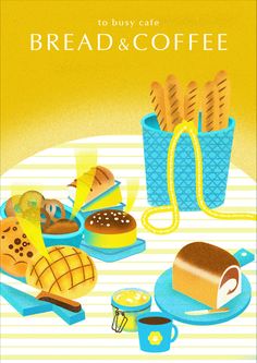 an illustration of bread and coffee on a table with blue cups, plates and utensils